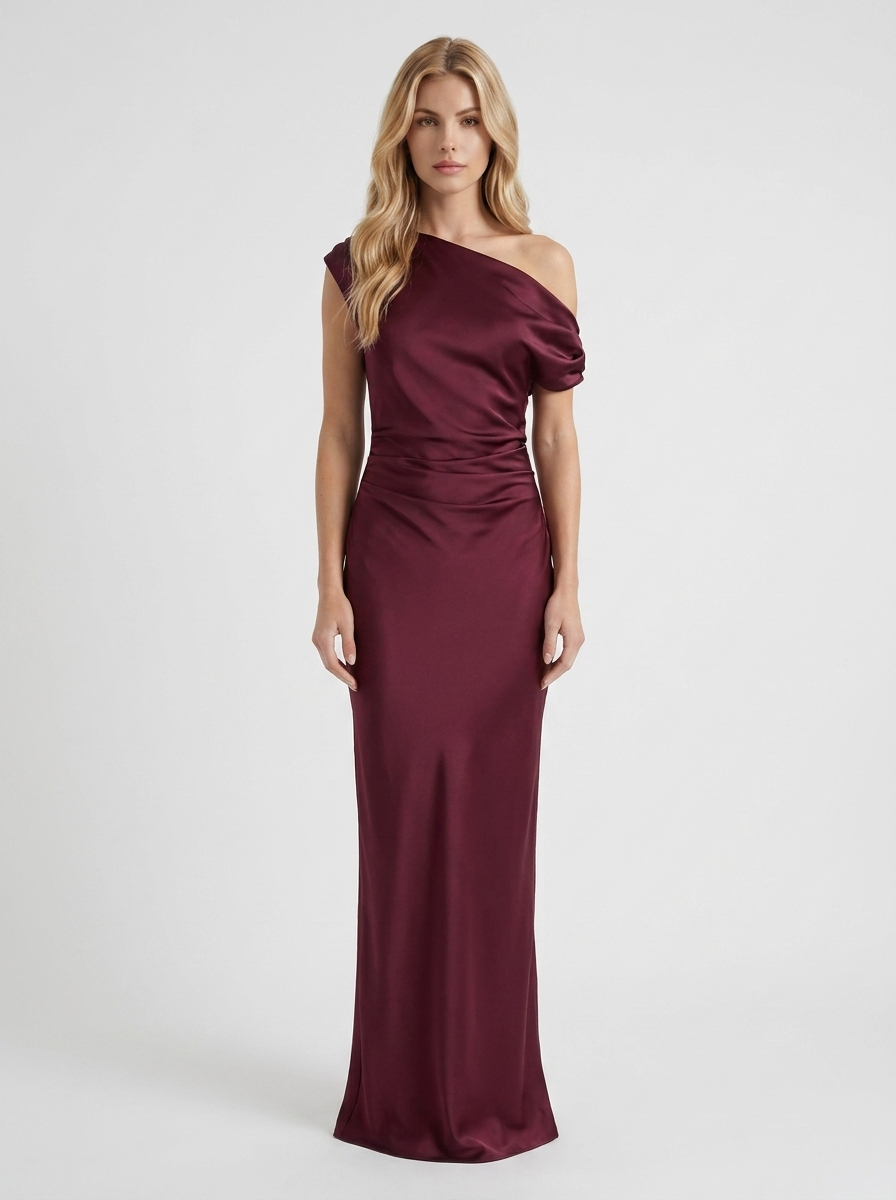 Women wine red satin one shoulder draped maxi dress with bodycon silhouette, front view