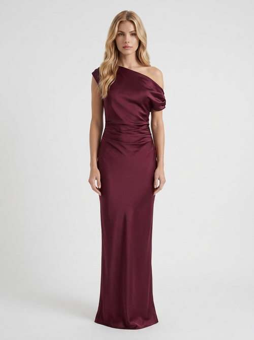 Women wine red satin one shoulder draped maxi dress with bodycon silhouette, front view