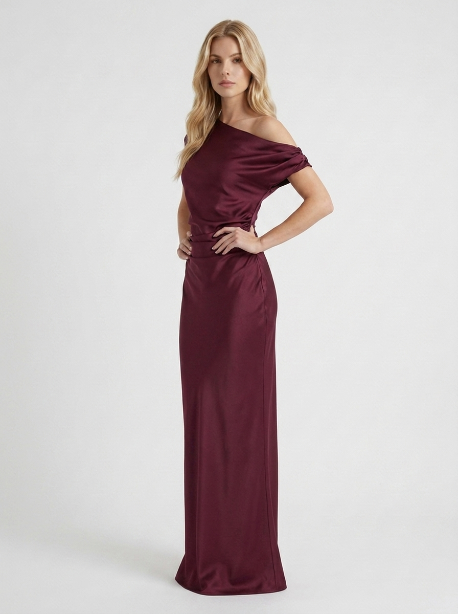 Women wine red satin one shoulder maxi dress with side ruching, 45 degree angle