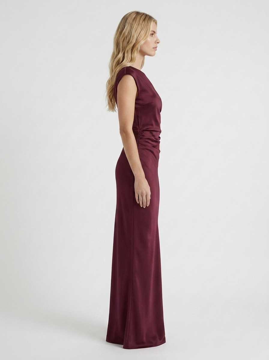 Women wine red satin one shoulder maxi dress with bodycon column, side profile
