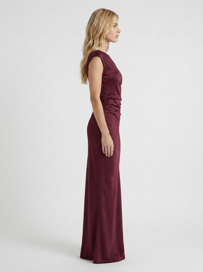 Women wine red satin one shoulder maxi dress with bodycon column, side profile