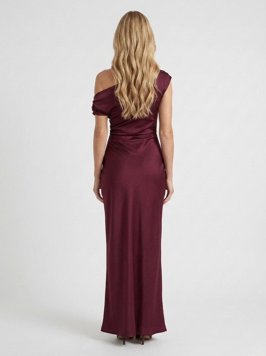 Women wine red satin one shoulder maxi dress with open back, back view