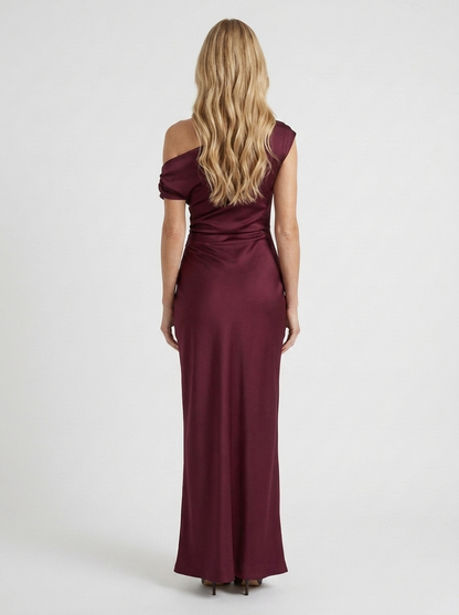 Women wine red satin one shoulder maxi dress with open back, back view