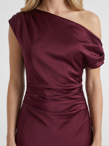 Women wine red satin one shoulder maxi dress closeup of draped bodice