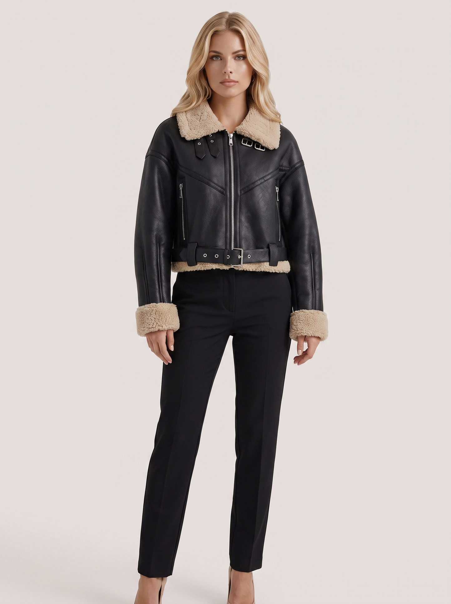 Women black cropped faux leather aviator jacket with faux shearling collar and belt, front view