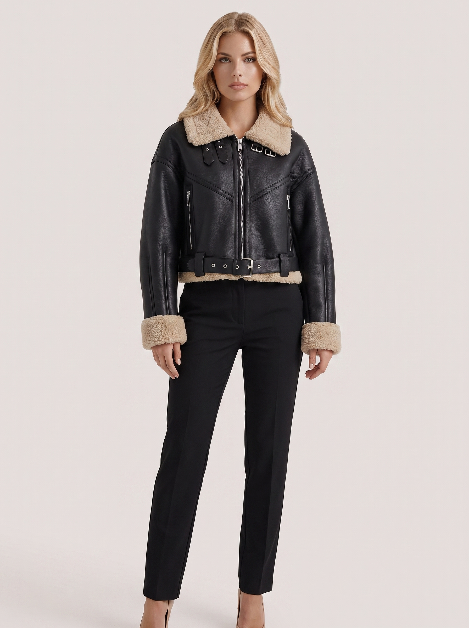 Women black cropped faux leather aviator jacket with faux shearling collar and belt, front view
