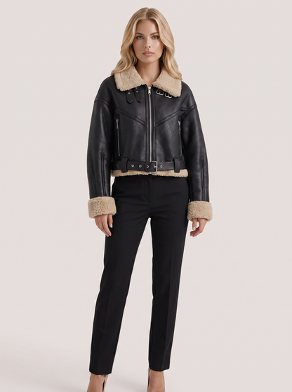 Women black cropped faux leather aviator jacket with faux shearling collar and belt, front view