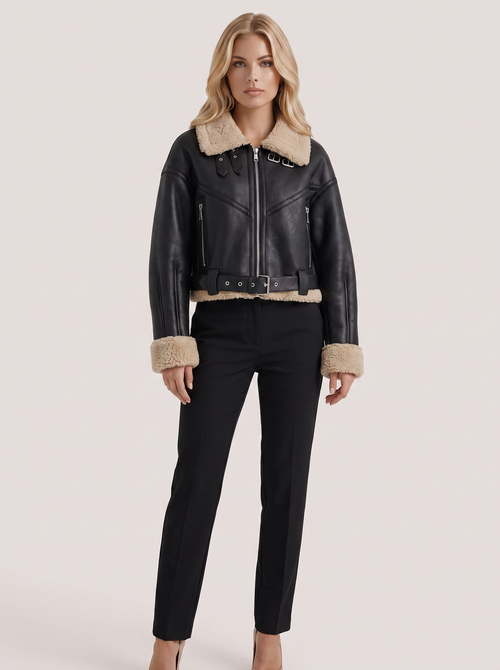 Women black cropped faux leather aviator jacket with faux shearling collar and belt, front view