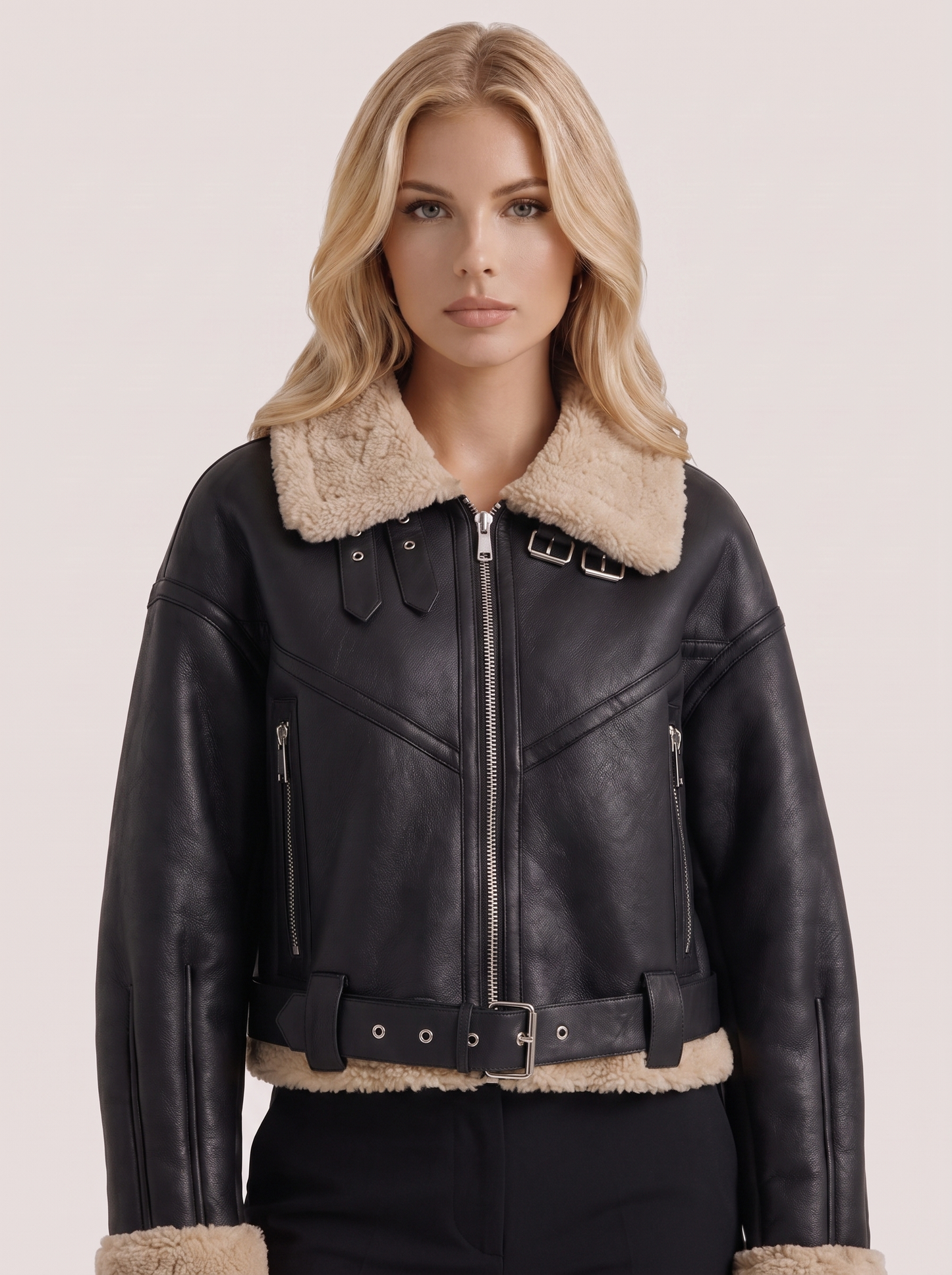 Women black cropped faux leather aviator jacket with faux shearling collar and belt, front detail