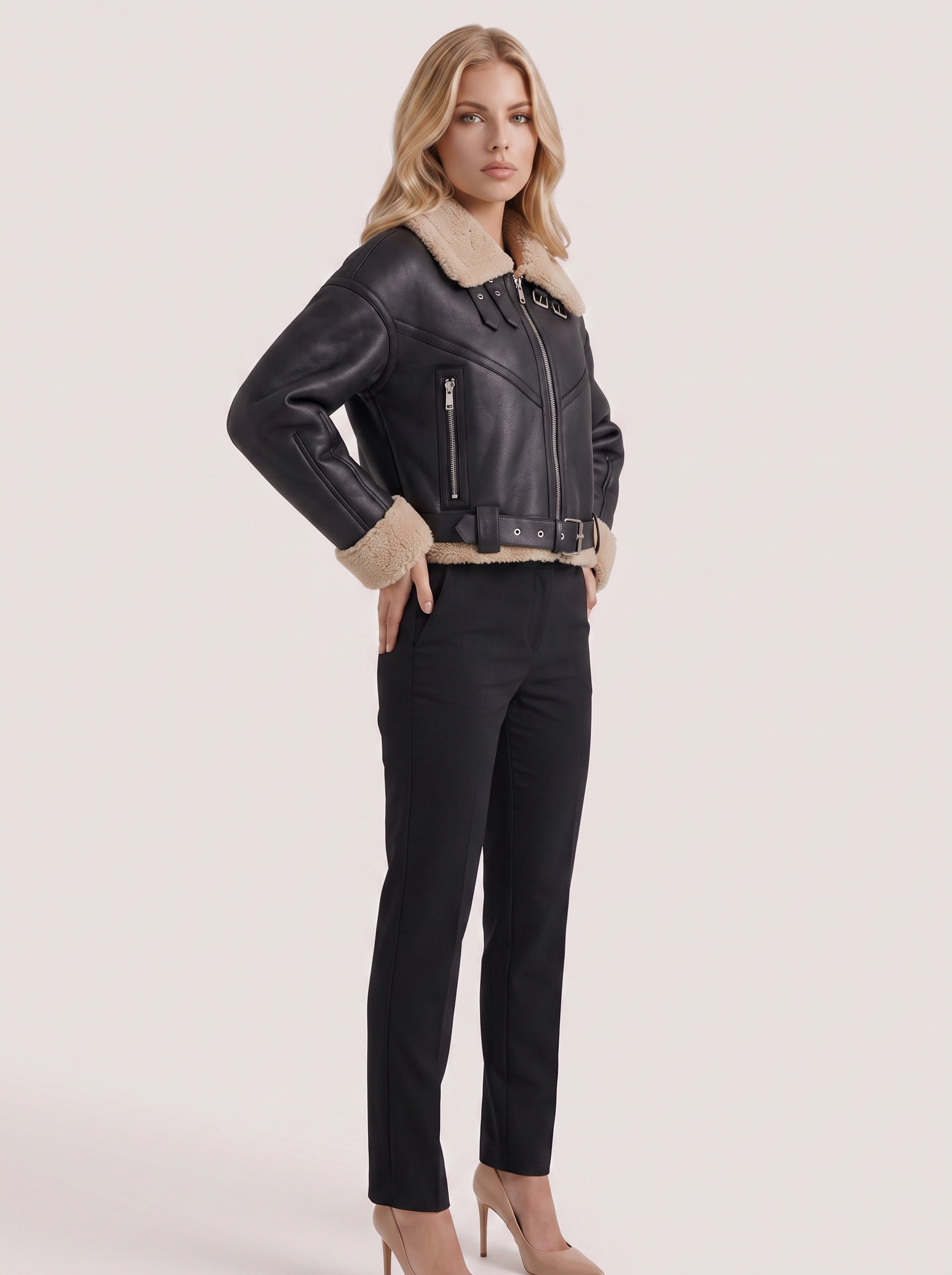 Women black cropped faux leather aviator jacket with faux shearling collar and belt, three quarter view