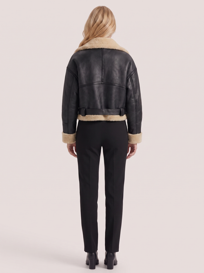 Women black cropped faux leather aviator jacket with faux shearling collar and belt, back view
