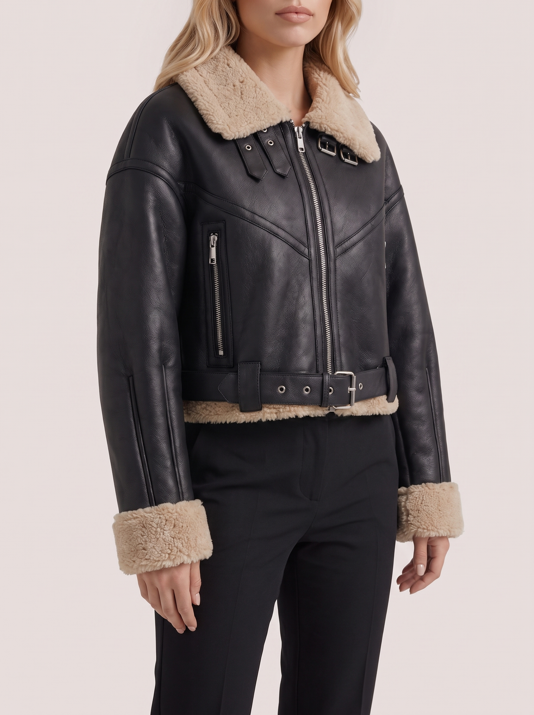 Women black cropped faux leather aviator jacket with faux shearling collar and belt, fabric closeup