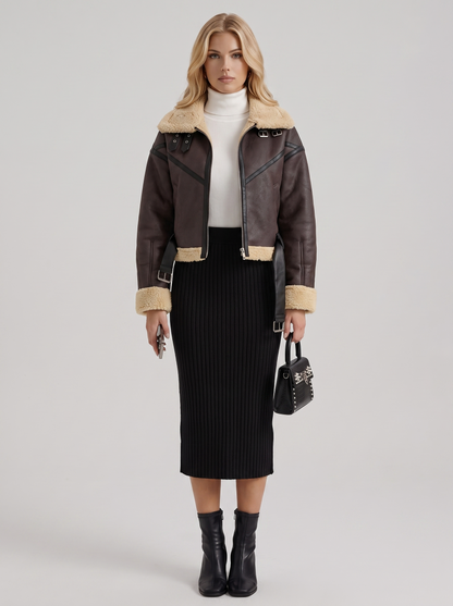 Women brown cropped faux leather aviator jacket with faux shearling collar and belt, front view