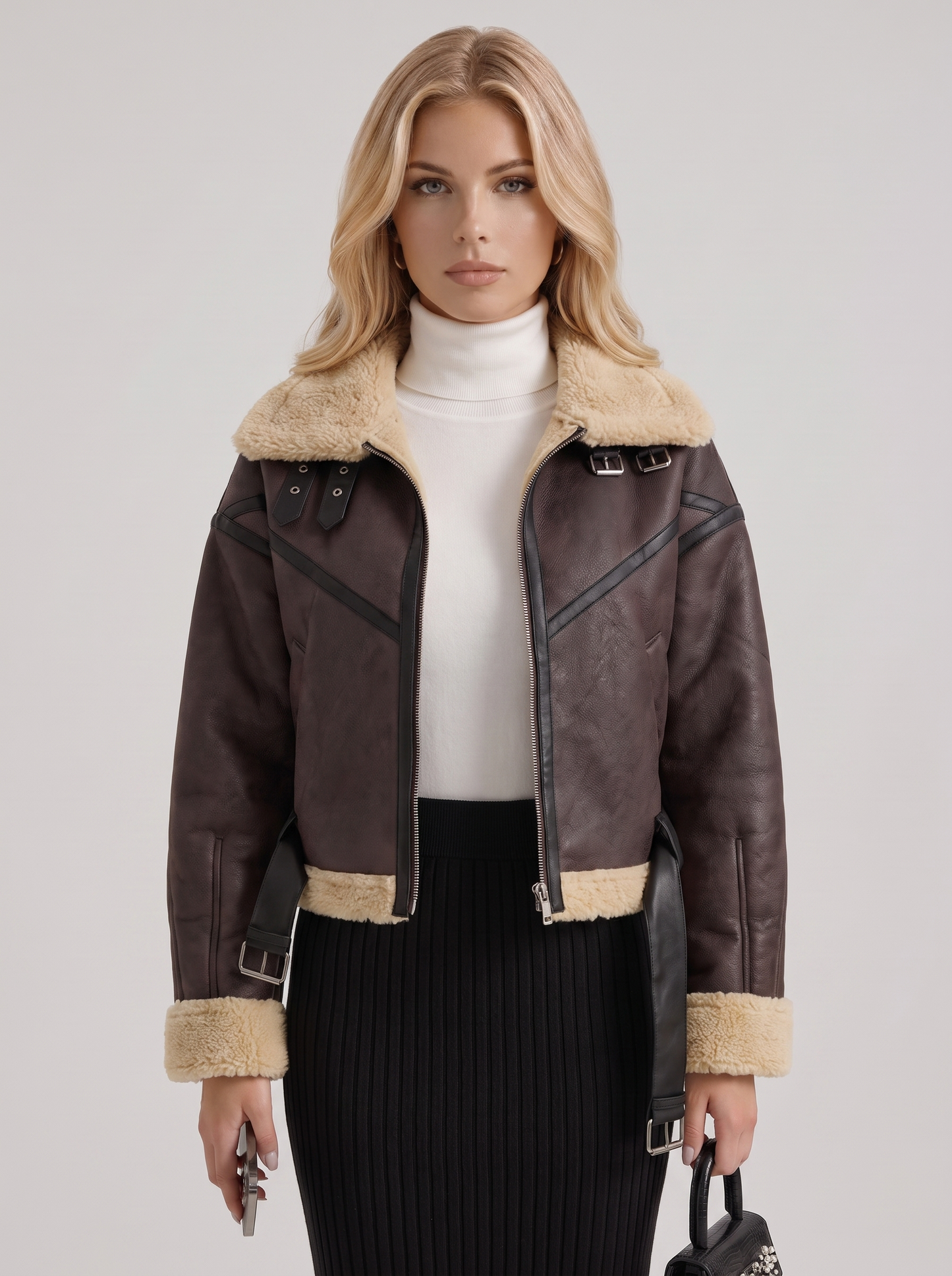 Women brown cropped faux leather aviator jacket with faux shearling collar and belt, front detail