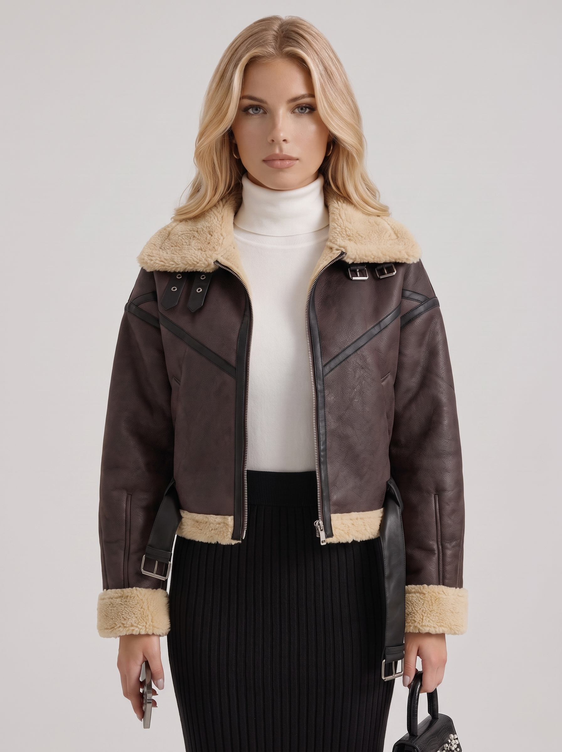 Women brown cropped faux leather aviator jacket with faux shearling collar and belt, front detail