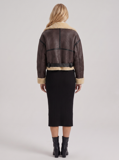 Women brown cropped faux leather aviator jacket with faux shearling collar and belt, back view