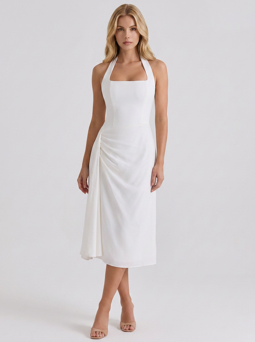 Women white halter square neck midi dress with ruched bodice and A line skirt, front view