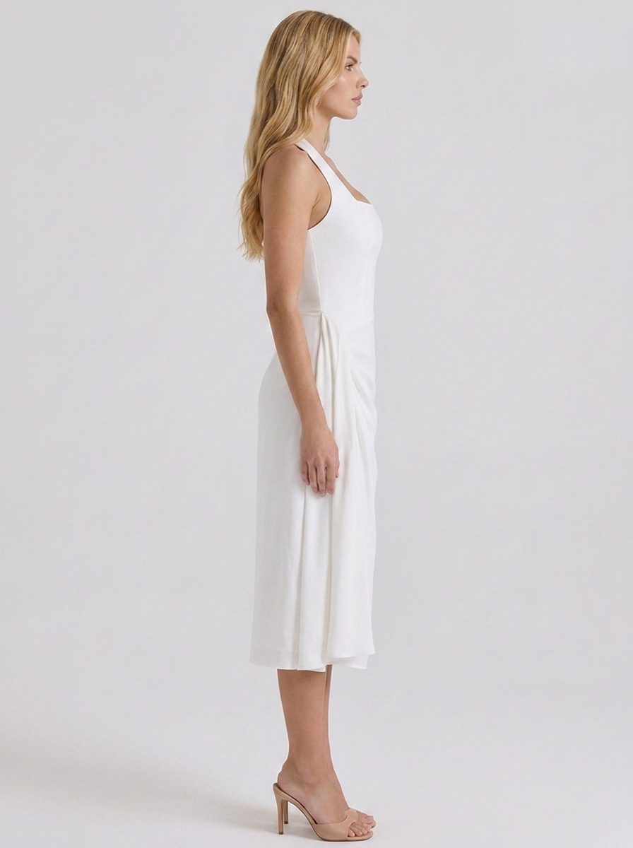 Women white halter midi dress with side ruching at the waist, side profile
