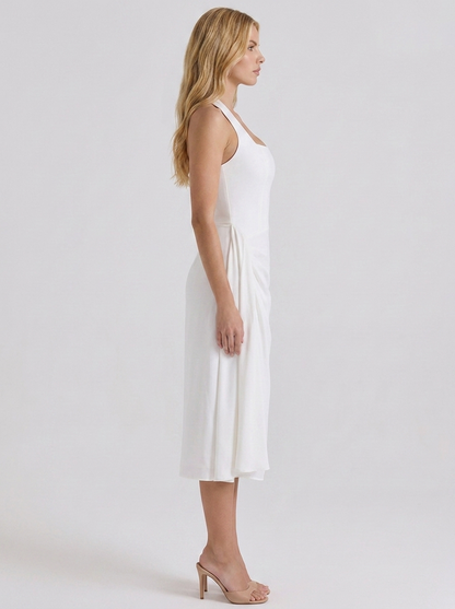 Women white halter midi dress with side ruching at the waist, side profile