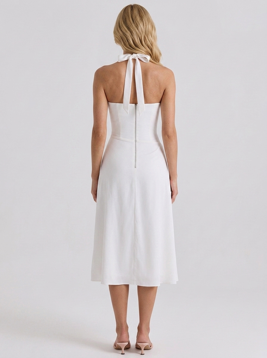 Women white halter midi dress with open back halter strap, back view