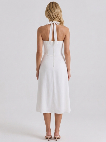Women white halter midi dress with open back halter strap, back view