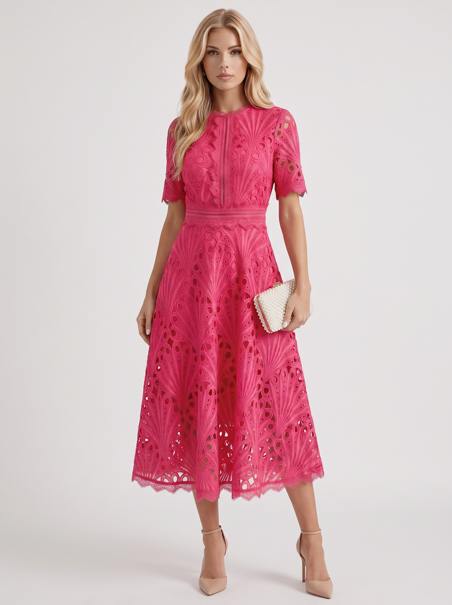 Women fuchsia guipure lace midi dress with flutter sleeves and scalloped hem