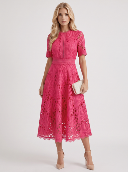 Women fuchsia guipure lace midi dress with flutter sleeves and scalloped hem