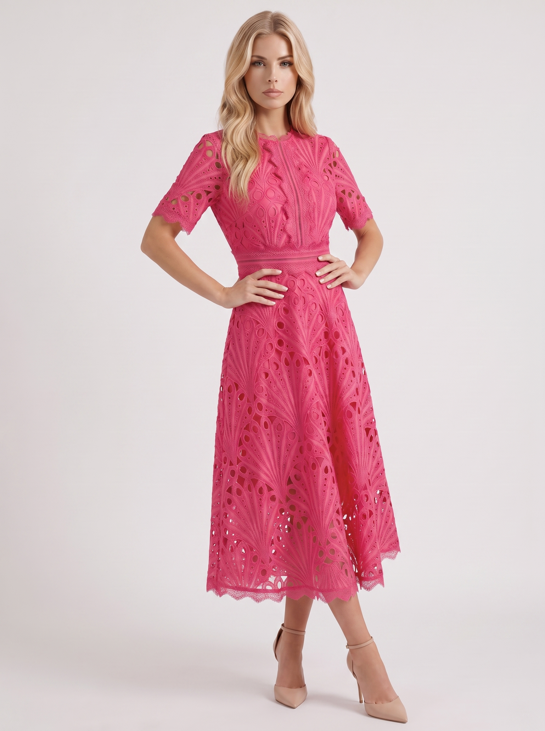 Women fuchsia guipure lace midi dress with flutter sleeves and scalloped hem