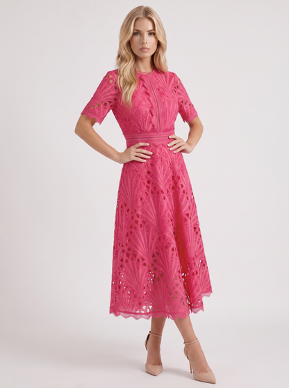 Women fuchsia guipure lace midi dress with flutter sleeves and scalloped hem