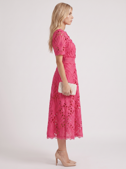 Women fuchsia guipure lace midi dress with flutter sleeves and scalloped hem