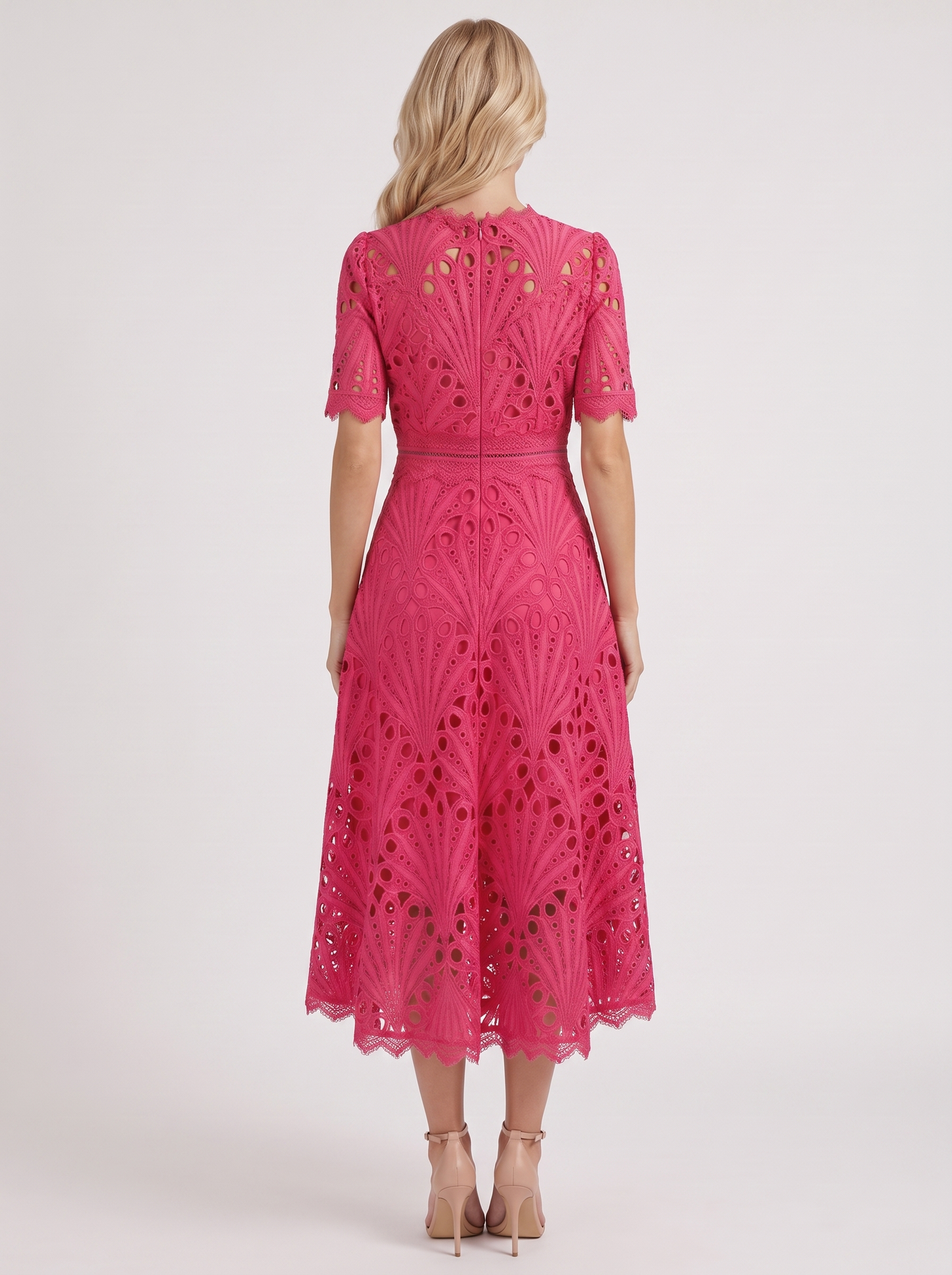 Women fuchsia guipure lace midi dress with flutter sleeves and scalloped hem
