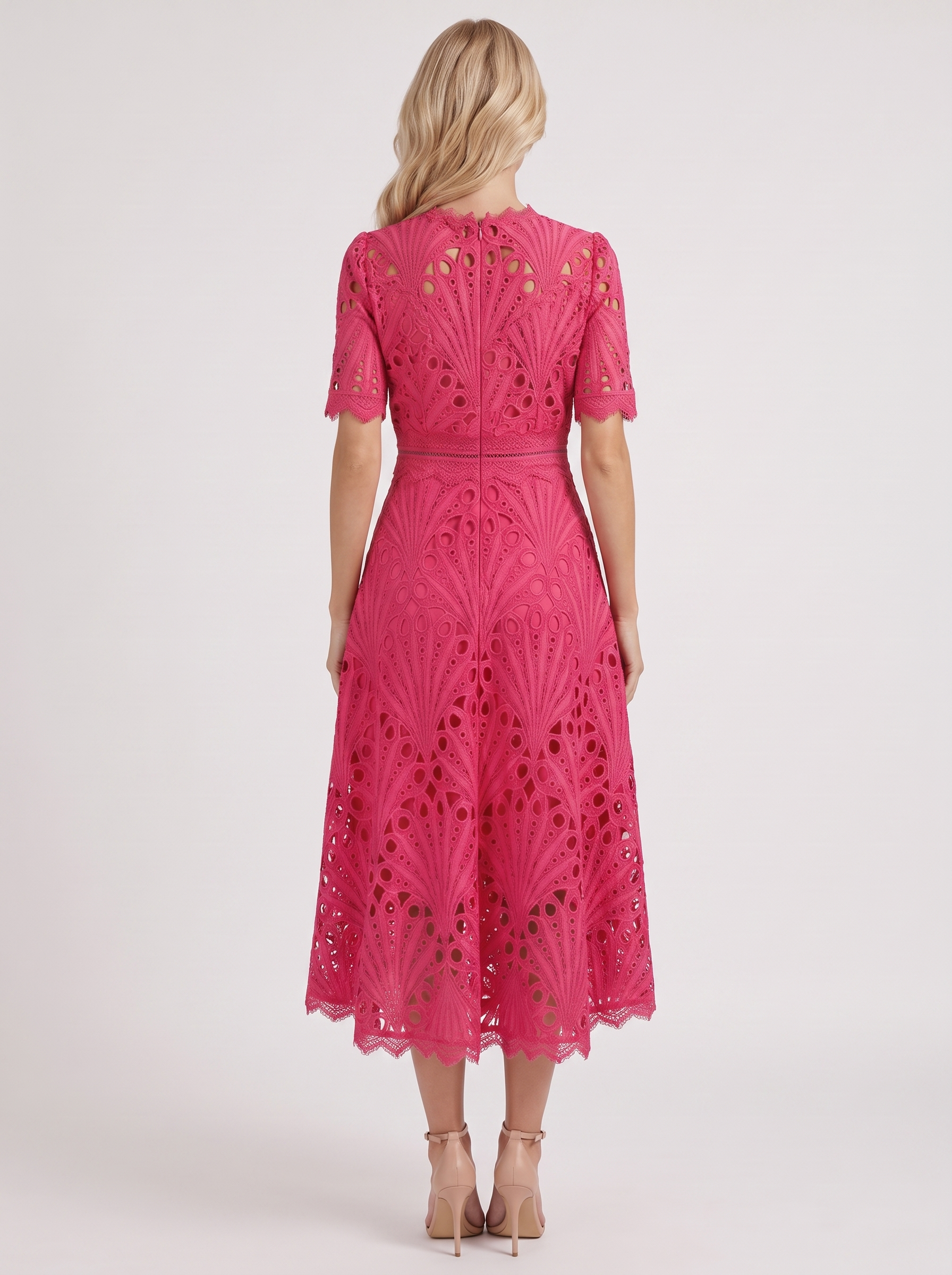 Women fuchsia guipure lace midi dress with flutter sleeves and scalloped hem