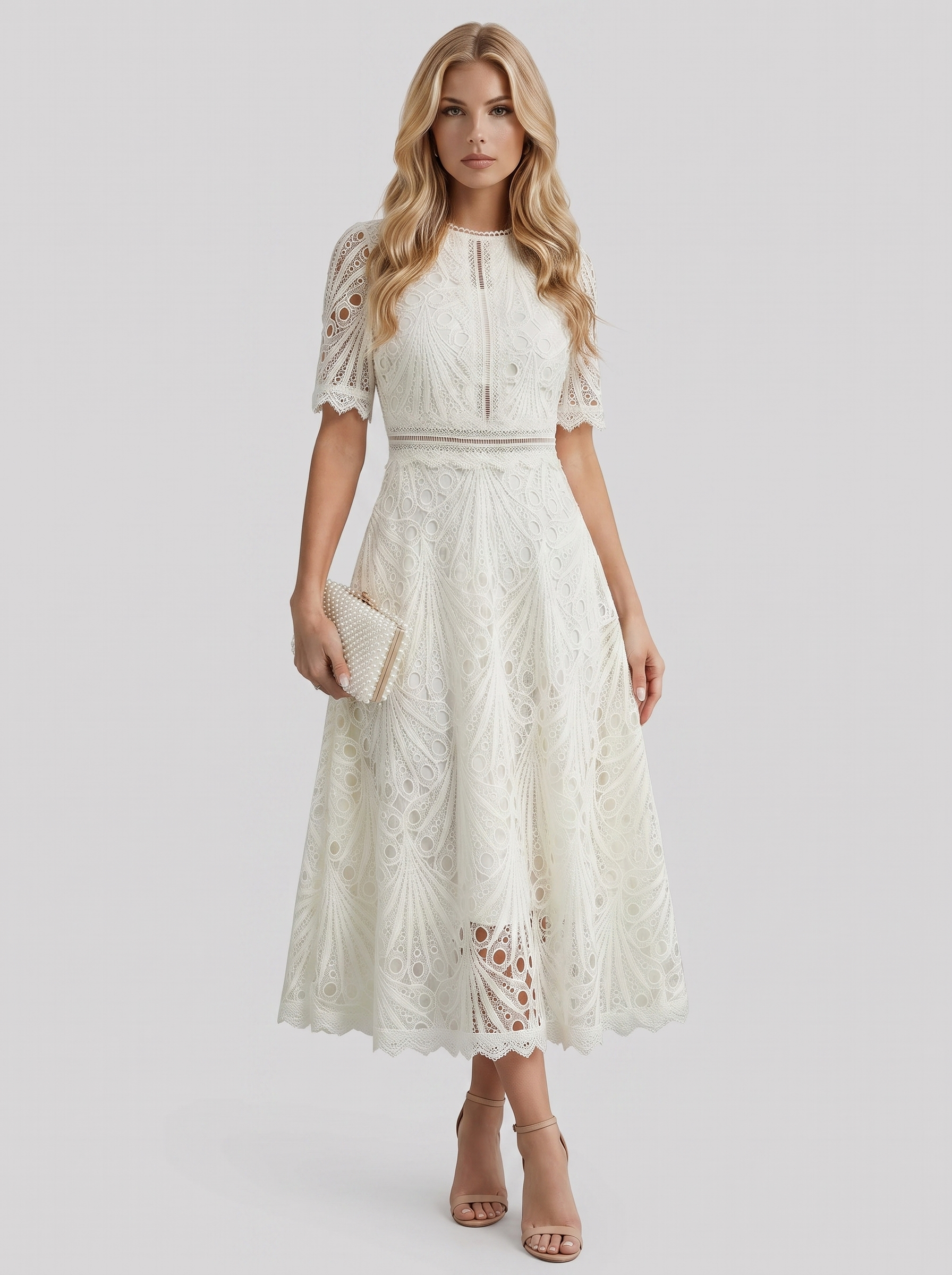 Women white guipure lace midi dress with flutter sleeves and scalloped hem