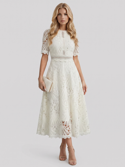 Women white guipure lace midi dress with flutter sleeves and scalloped hem