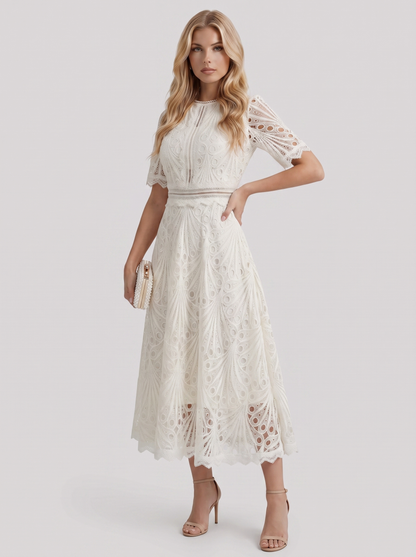 Women white guipure lace midi dress with flutter sleeves and scalloped hem