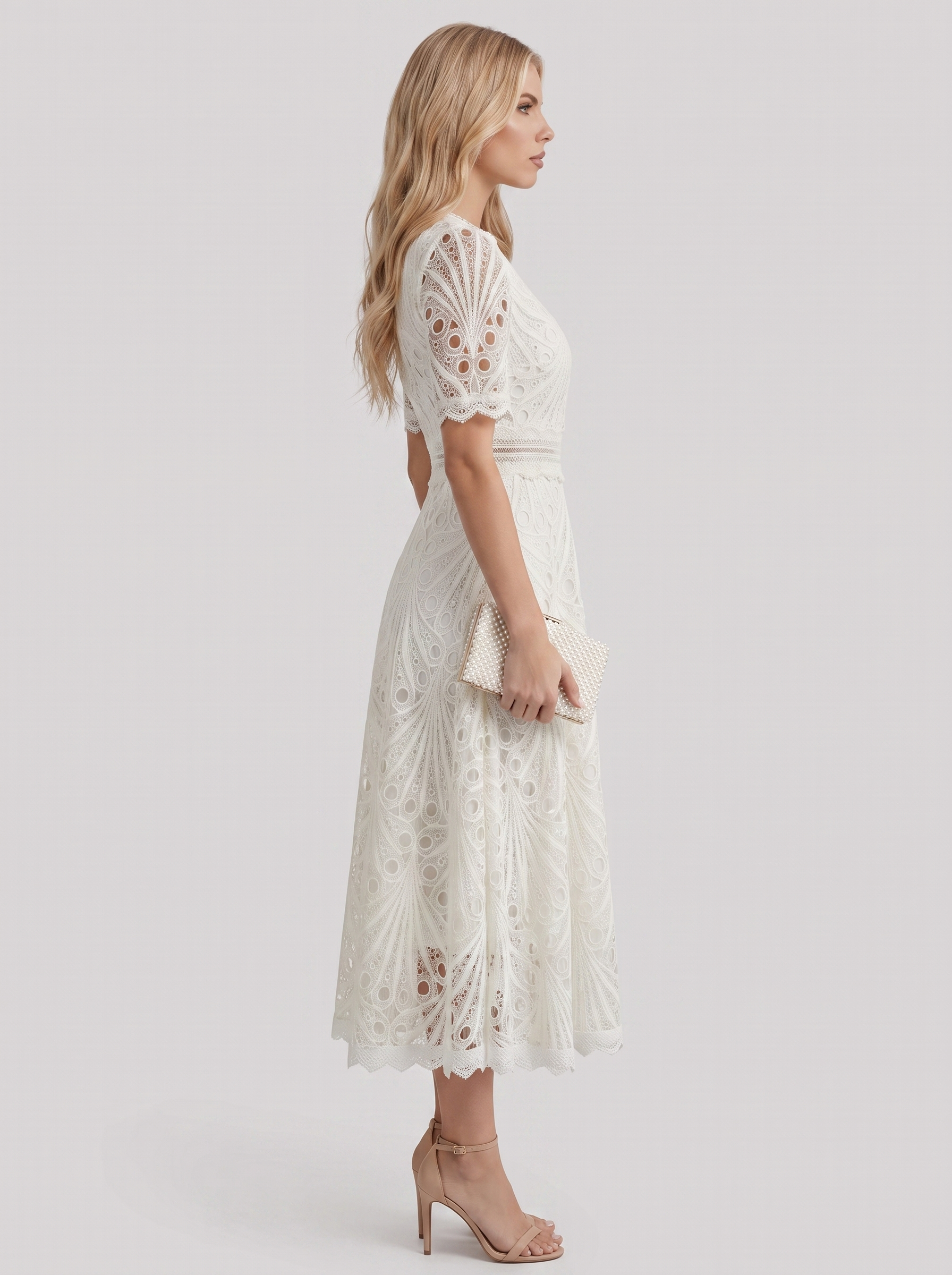 Women white guipure lace midi dress with flutter sleeves and scalloped hem