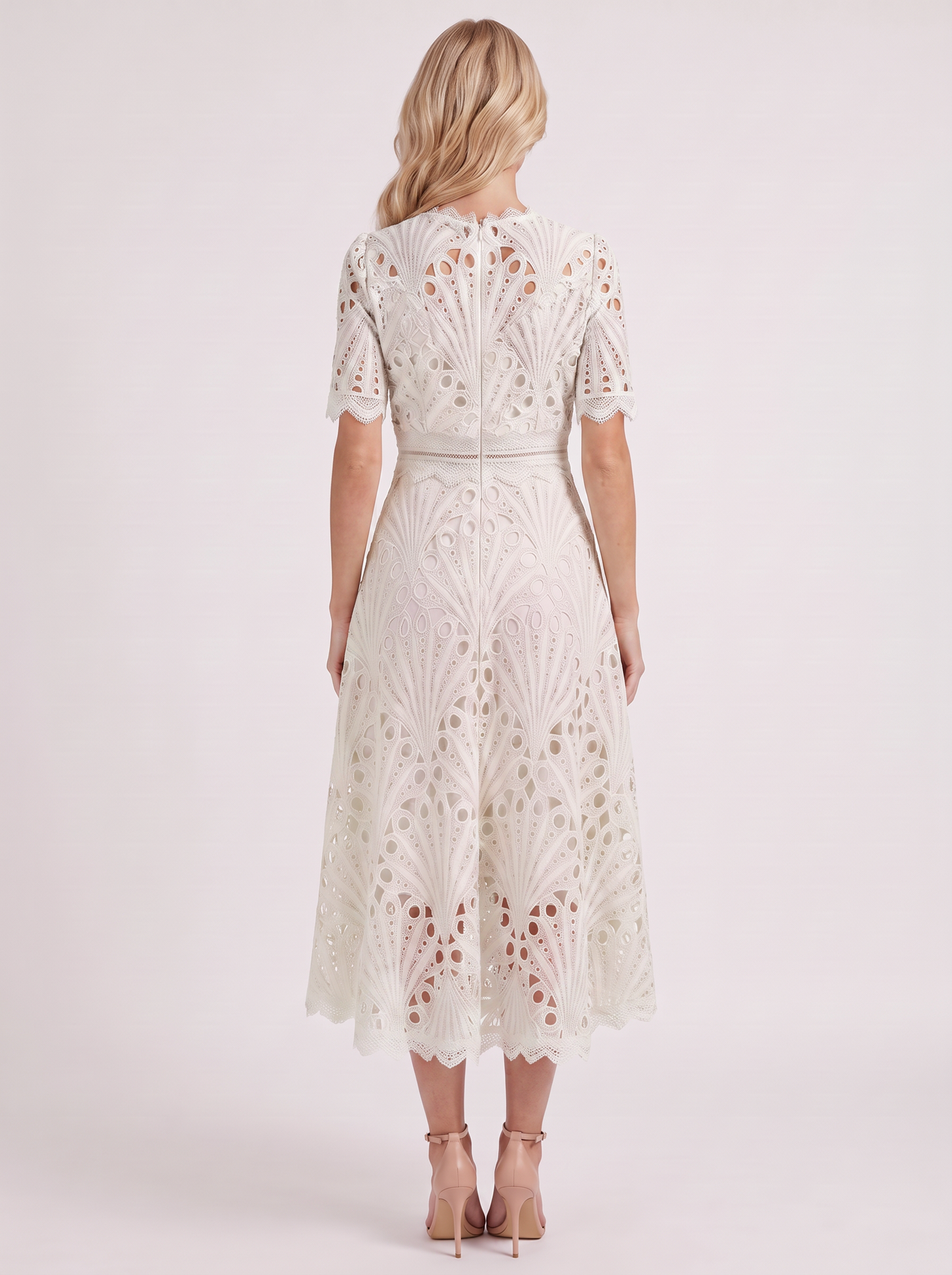 Women white guipure lace midi dress with flutter sleeves and scalloped hem