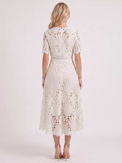 Women white guipure lace midi dress with flutter sleeves and scalloped hem