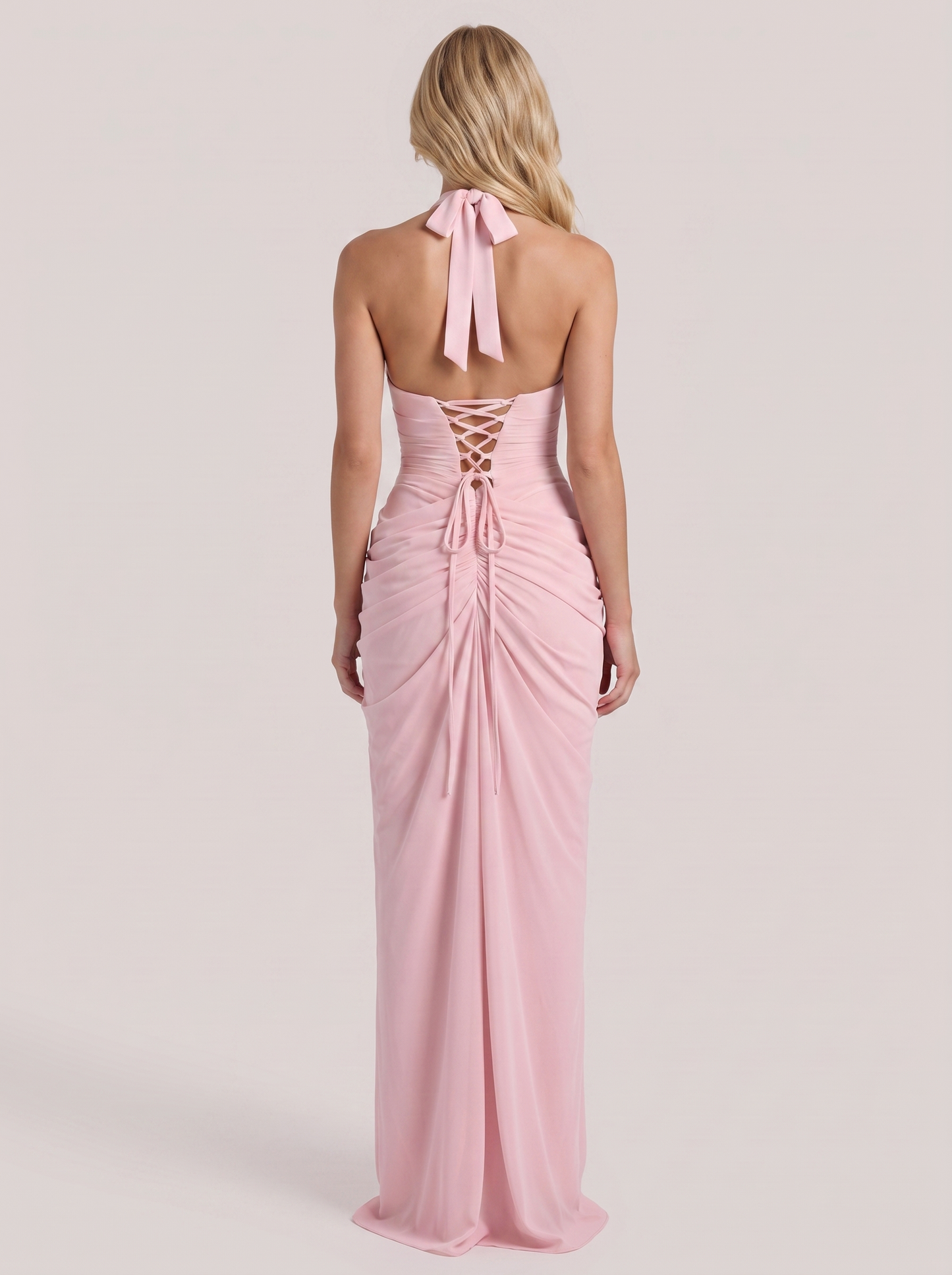Women pink wrap maxi dress with plunge halter neckline and front slit