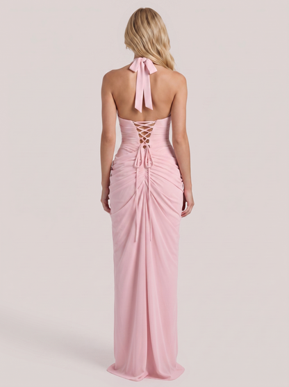 Women pink wrap maxi dress with plunge halter neckline and front slit