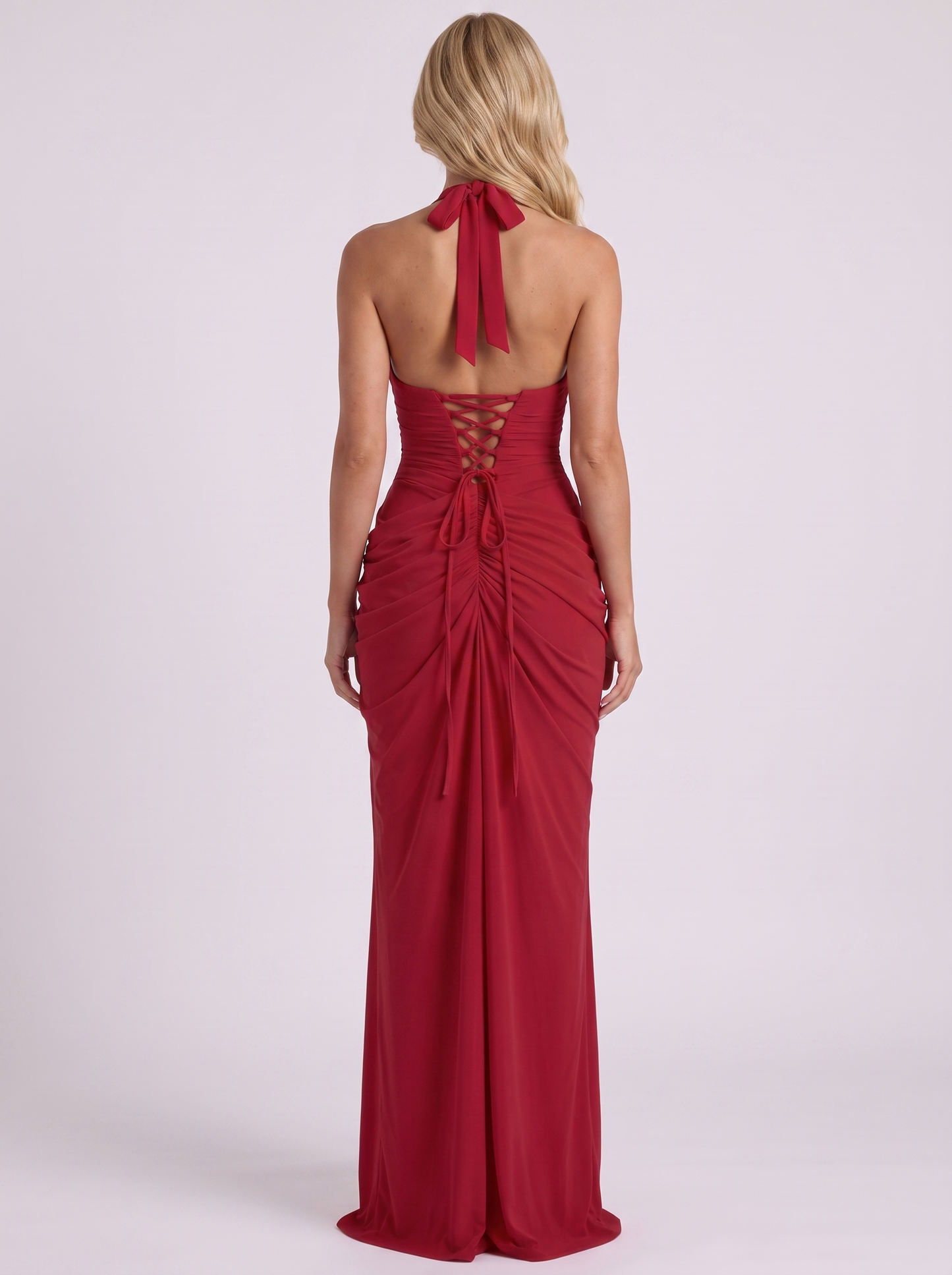 Women red wrap maxi dress with plunge halter neckline and front slit