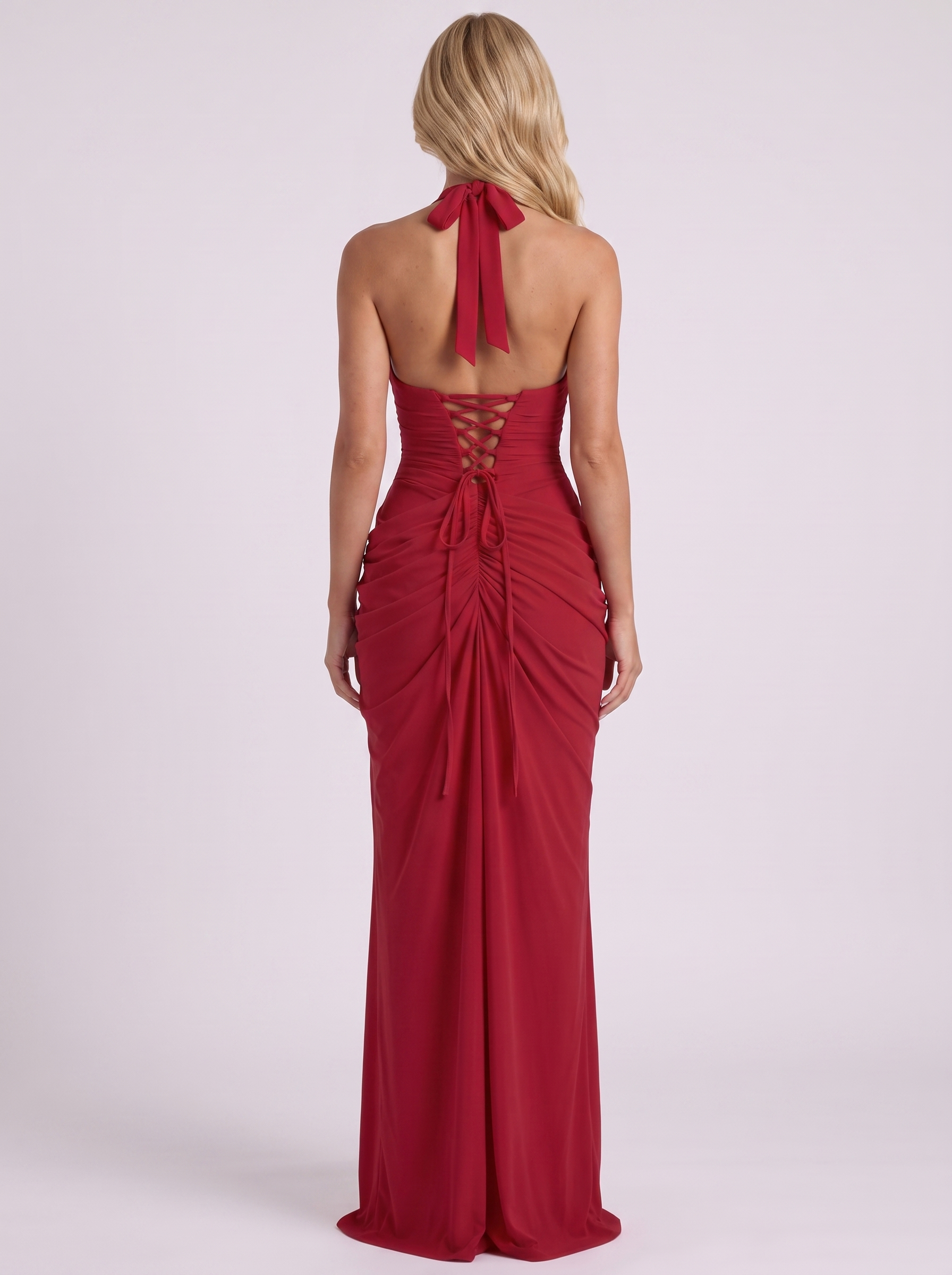 Women red wrap maxi dress with plunge halter neckline and front slit