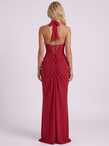 Women red wrap maxi dress with plunge halter neckline and front slit