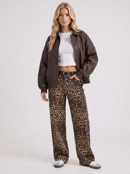 Women brown oversized faux leather bomber jacket with point collar and snap placket, front view