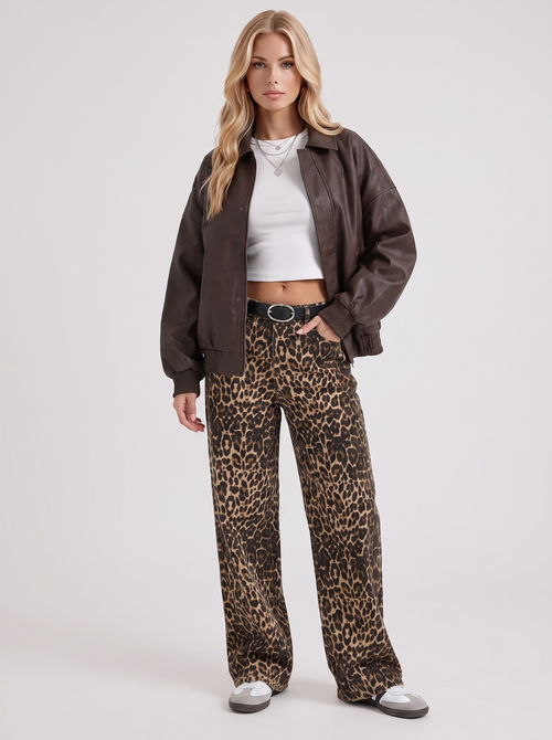 Women brown oversized faux leather bomber jacket with point collar and snap placket, front view