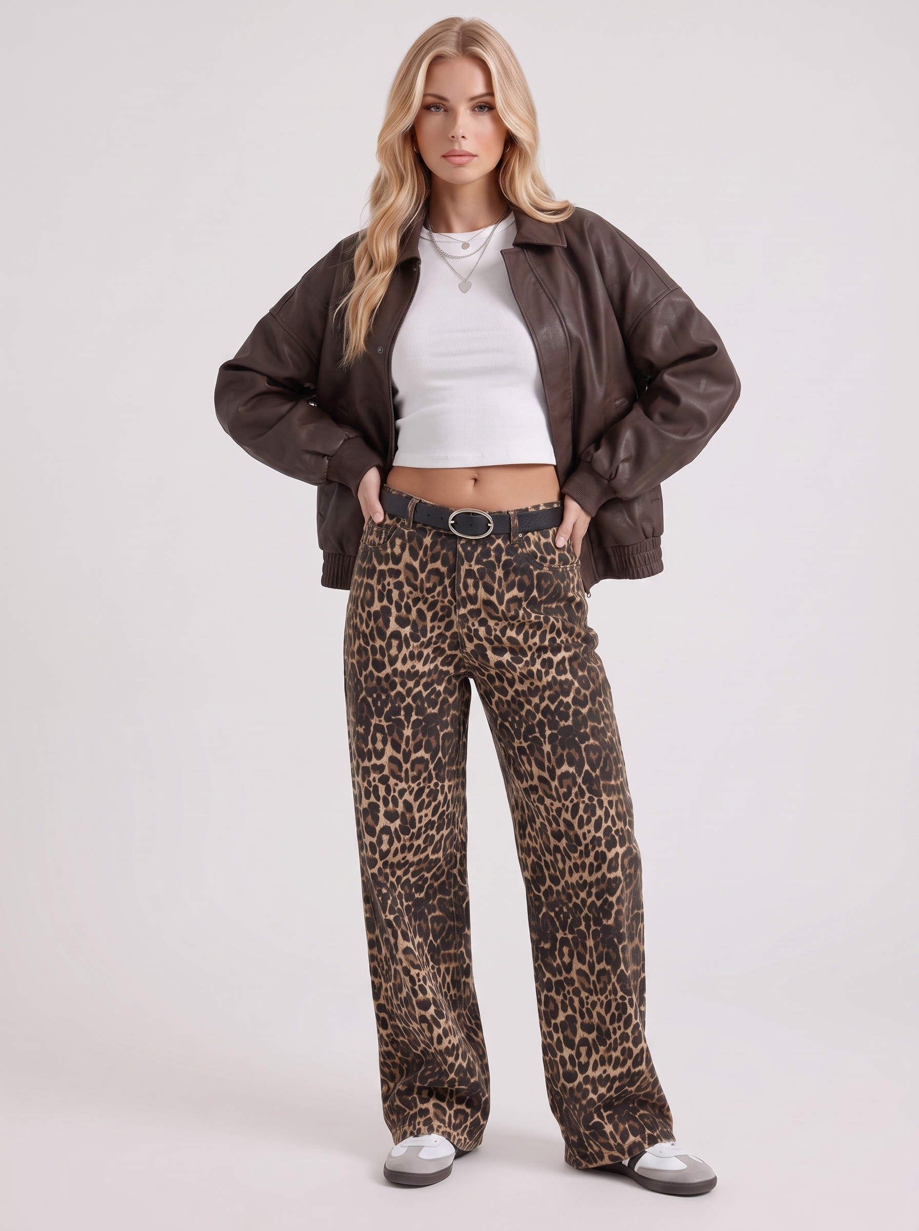 Women brown oversized faux leather bomber jacket with point collar and snap placket, three quarter view