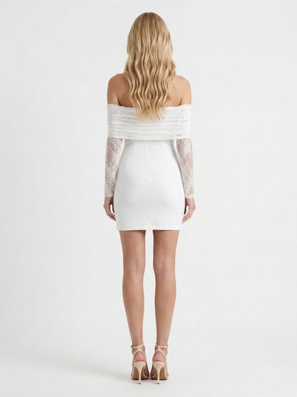 Women white off shoulder lace sleeve mini dress with fold over back, back view