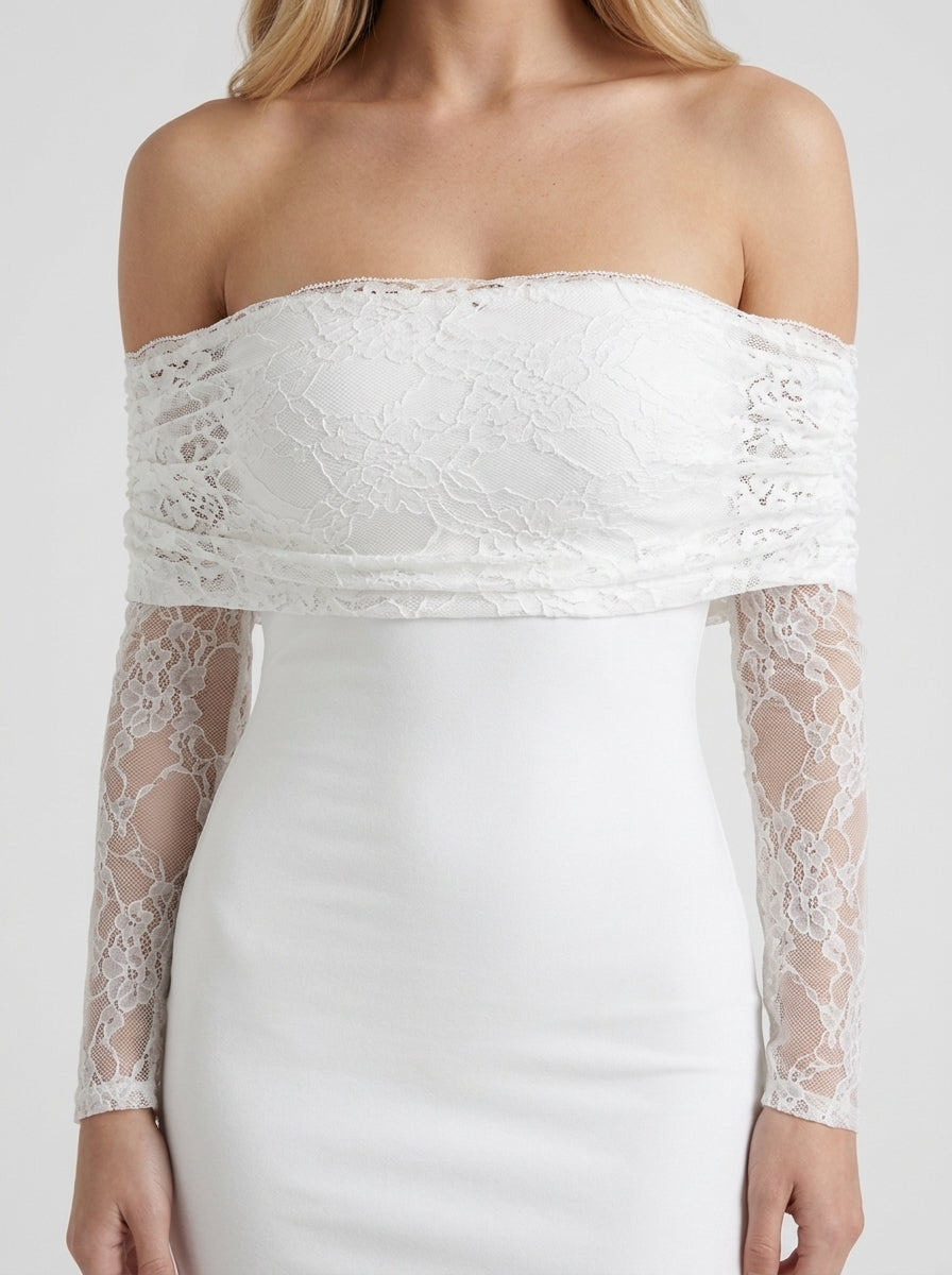 Women white off shoulder lace sleeve mini dress closeup of sheer floral lace detail