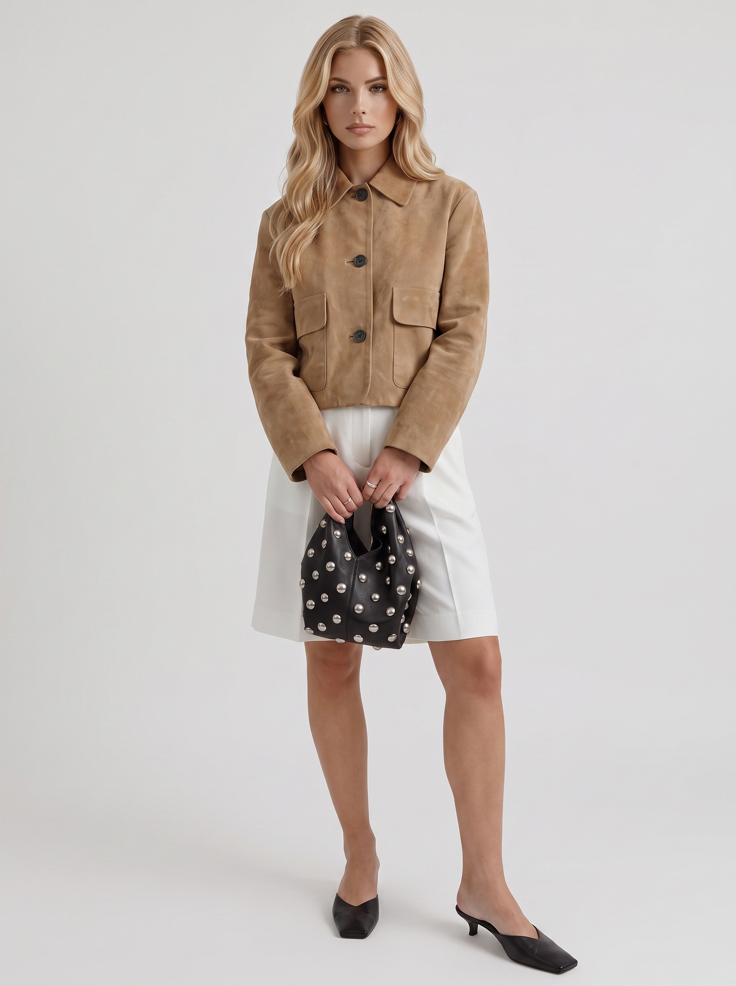Women camel cropped faux suede jacket with point collar and two flap pockets, front view