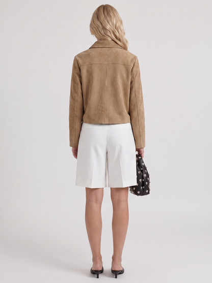 Women camel cropped faux suede jacket with point collar and two flap pockets, back view